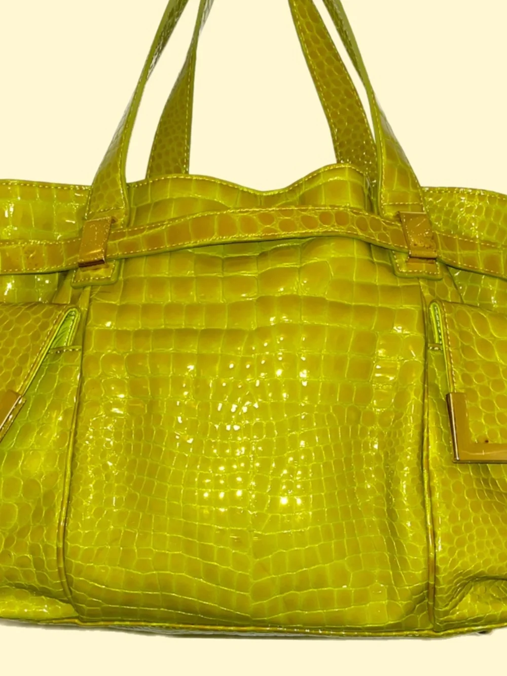 Michael Michael Kors Lime Green Patent Croc Embossed Multi Pocket Shoulder Tote